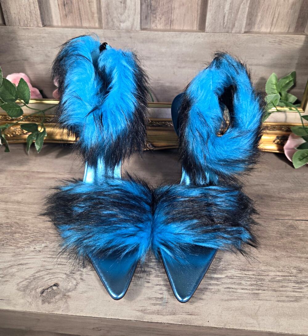 Shanice Imani Women's Size 8 Blue Black Faux Fur Pointed Toe Stiletto Heels